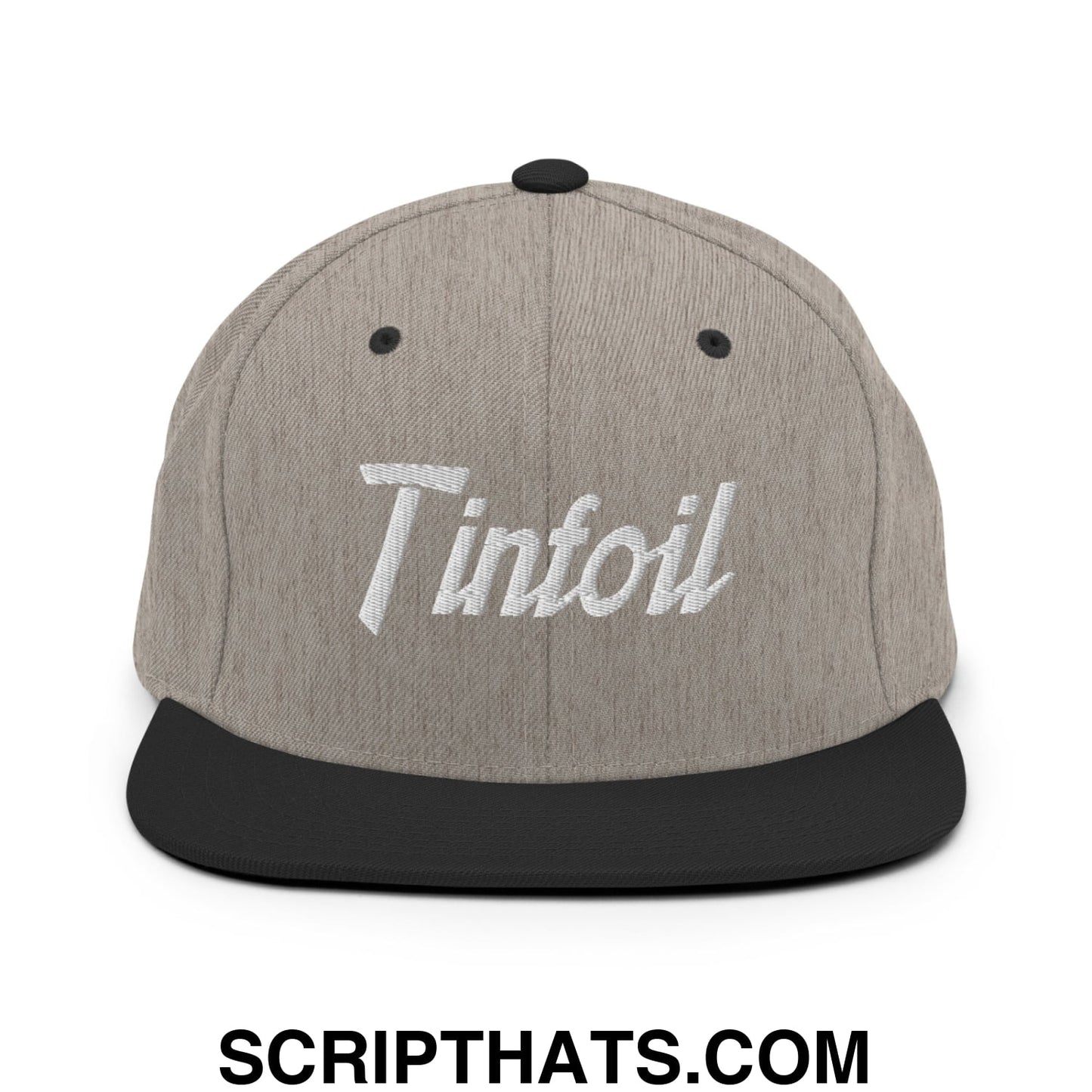 Gray heather snapback cap with black brim and embroidered white tinfoil logo in sports script design