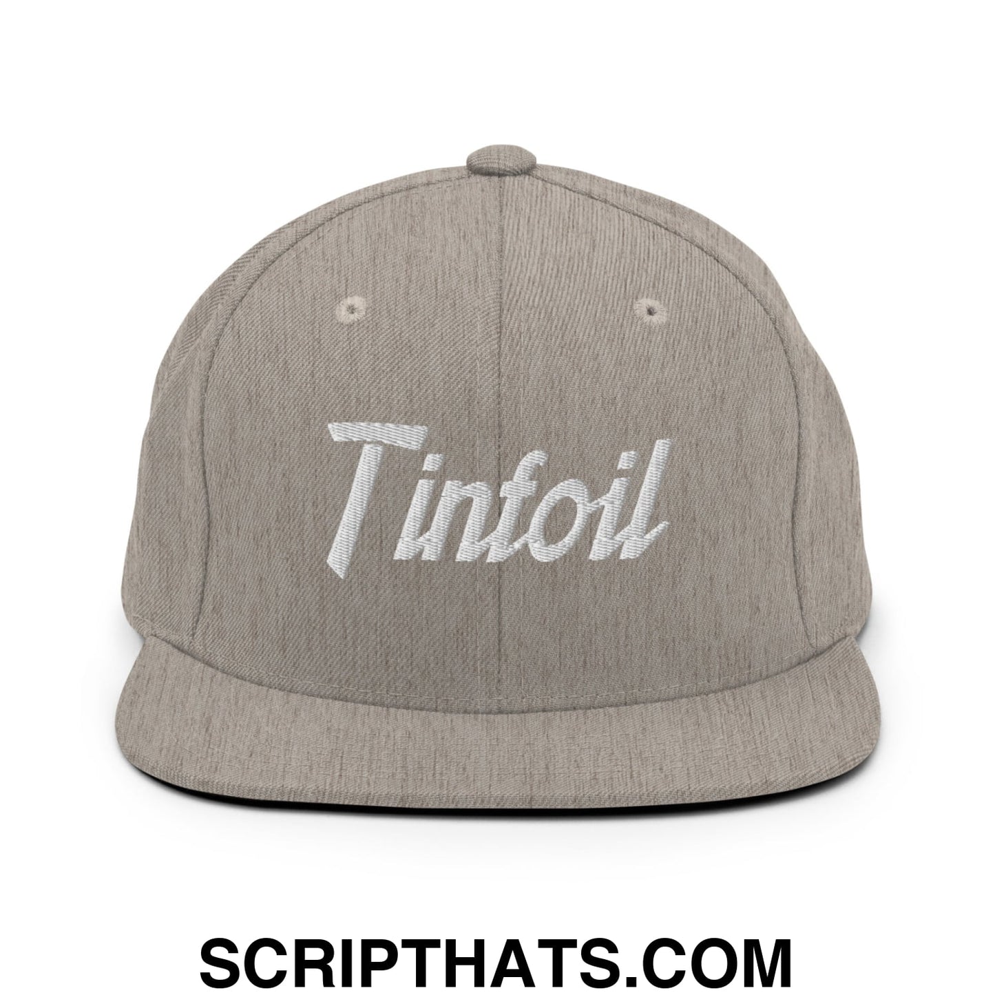 Gray tinfoil sports script embroidered flat bill brim snapback hat with white stitching on the front panel