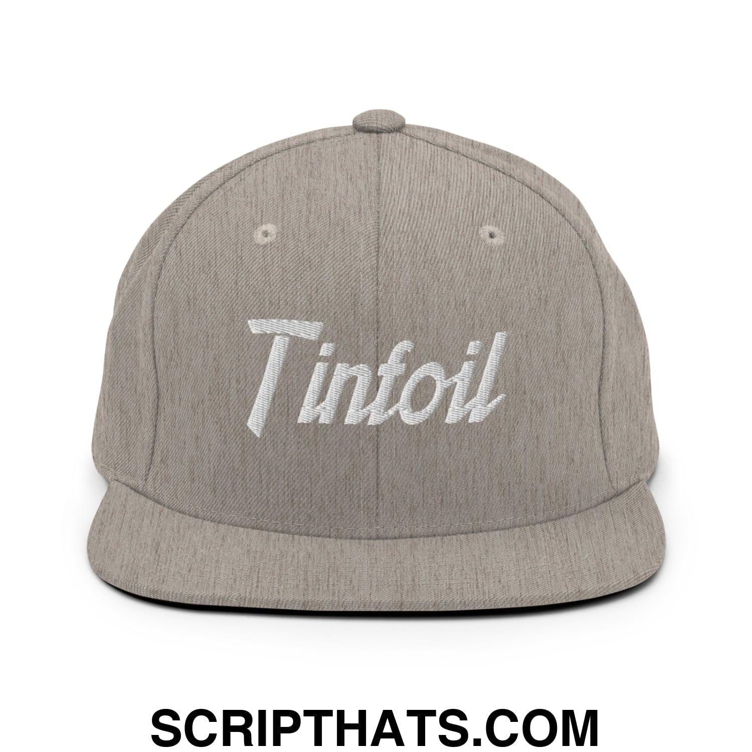 Gray tinfoil sports script embroidered flat bill brim snapback hat with white stitching on the front panel