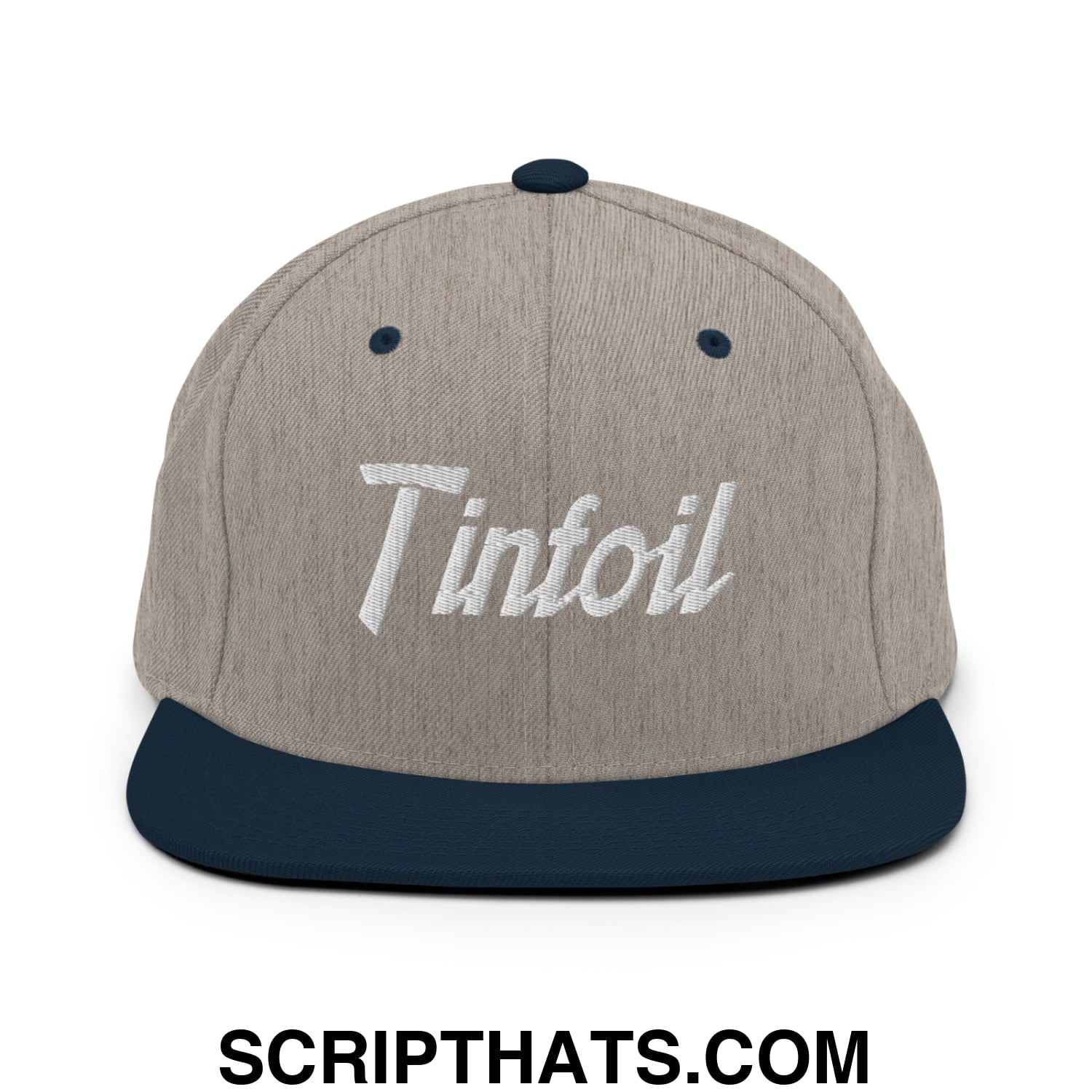 A heather gray snapback hat with a navy blue flat bill and white tinfoil sports script embroidery