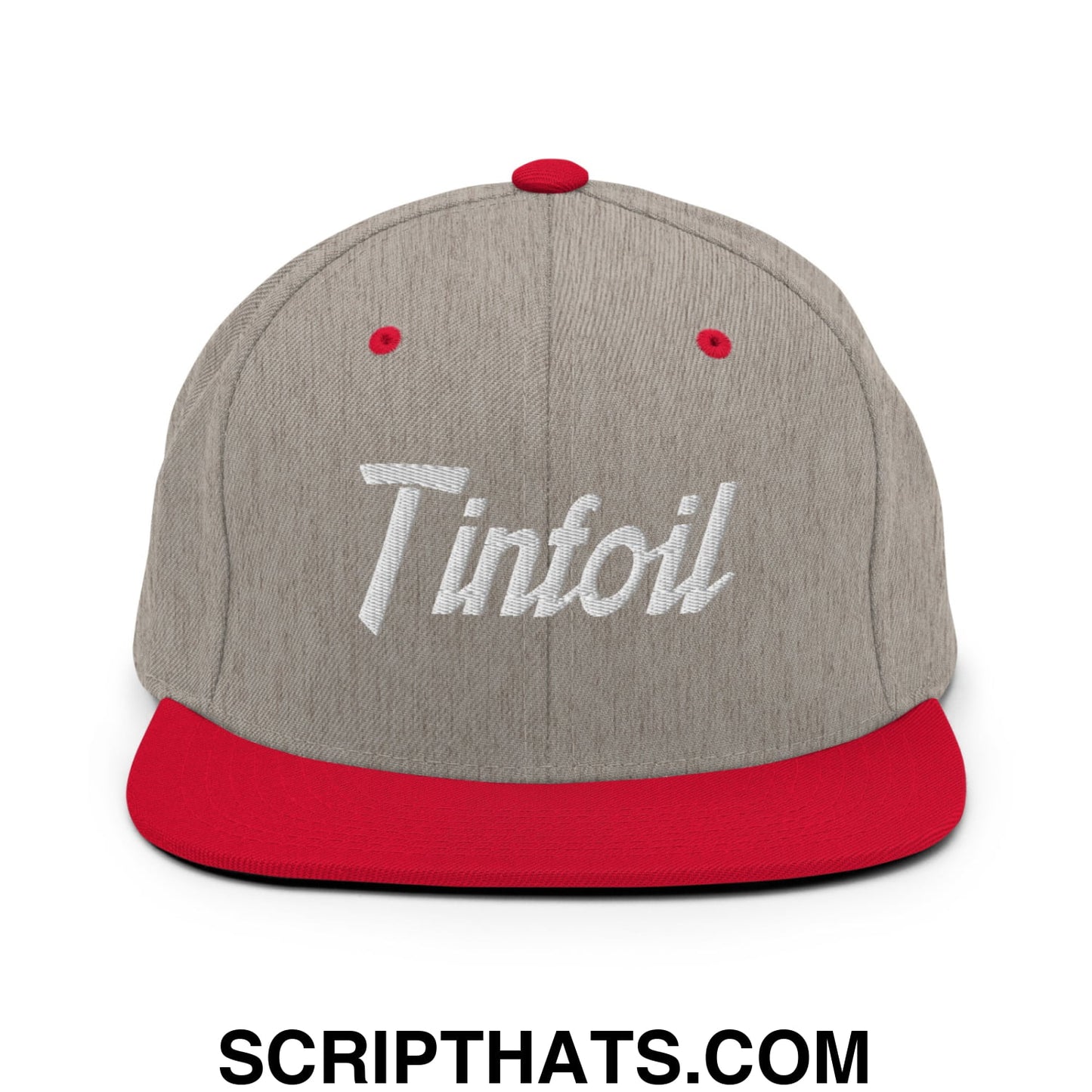 Gray and red snapback hat with white embroidered tinfoil logo featuring a flat bill brim design