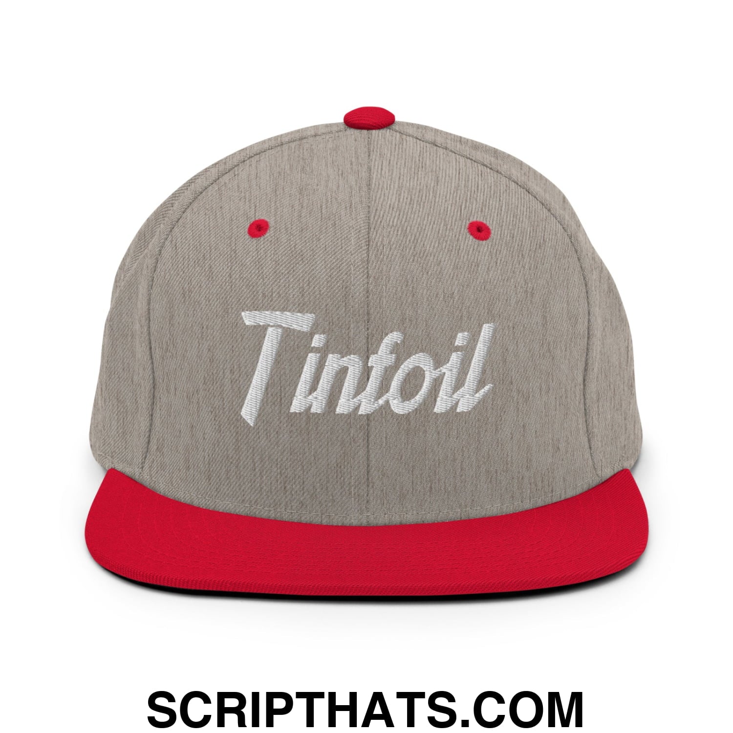 Gray and red snapback hat with white embroidered tinfoil logo featuring a flat bill brim design