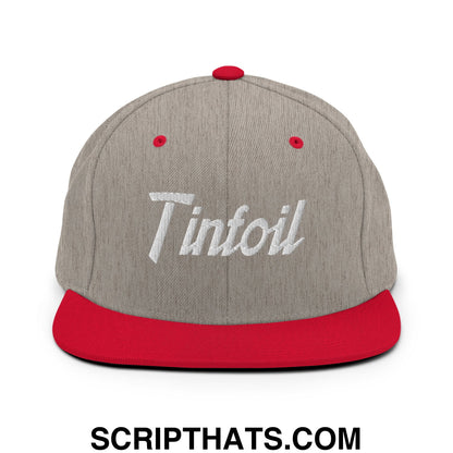 Gray and red snapback hat with white embroidered tinfoil logo featuring a flat bill brim design