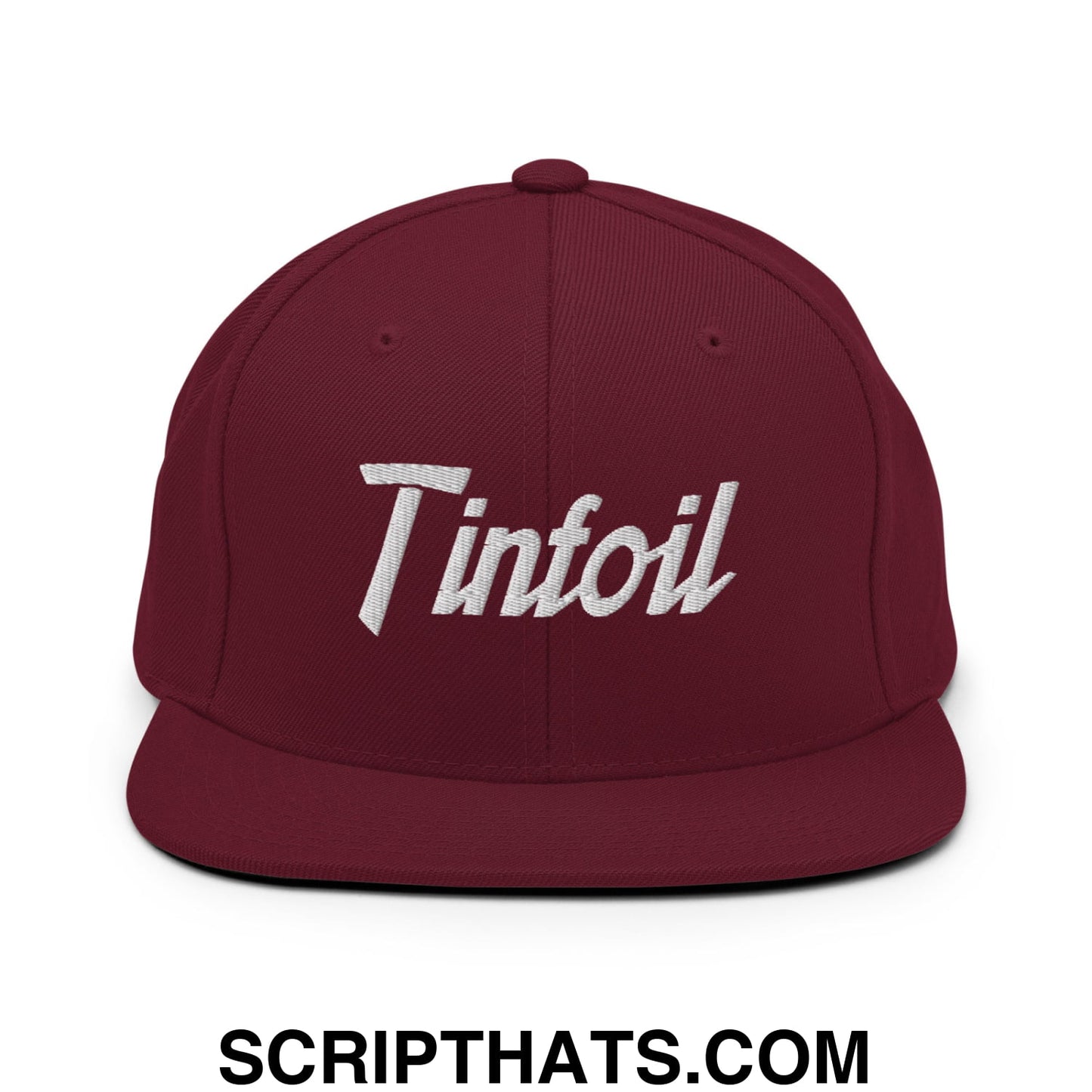 Maroon tinfoil sports script embroidered flat bill brim snapback hat with white logo for casual wear