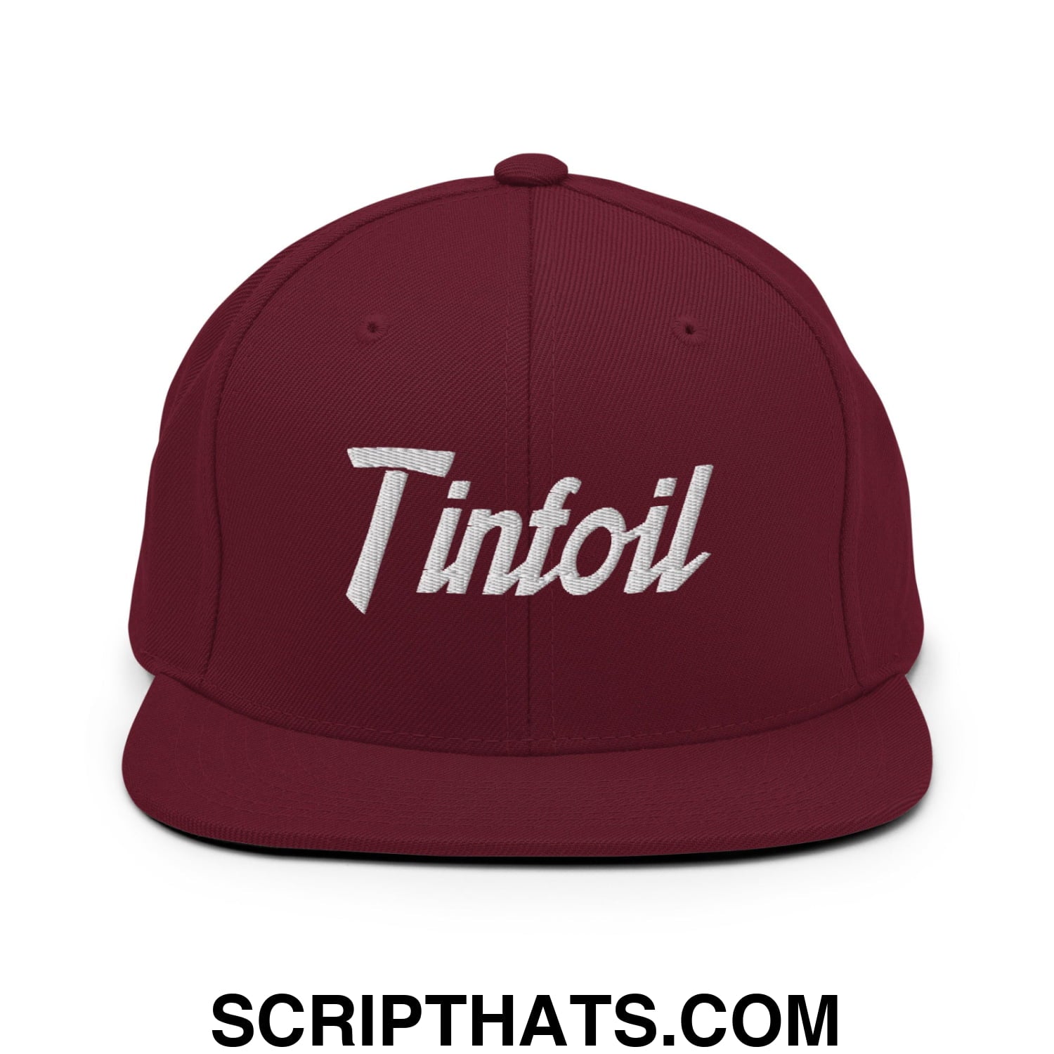 Maroon tinfoil sports script embroidered flat bill brim snapback hat with white logo for casual wear