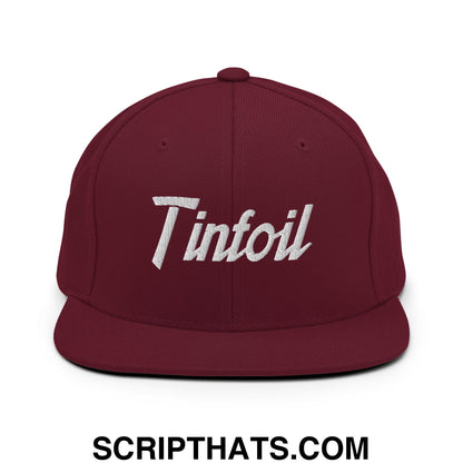 Maroon tinfoil sports script embroidered flat bill brim snapback hat with white logo for casual wear