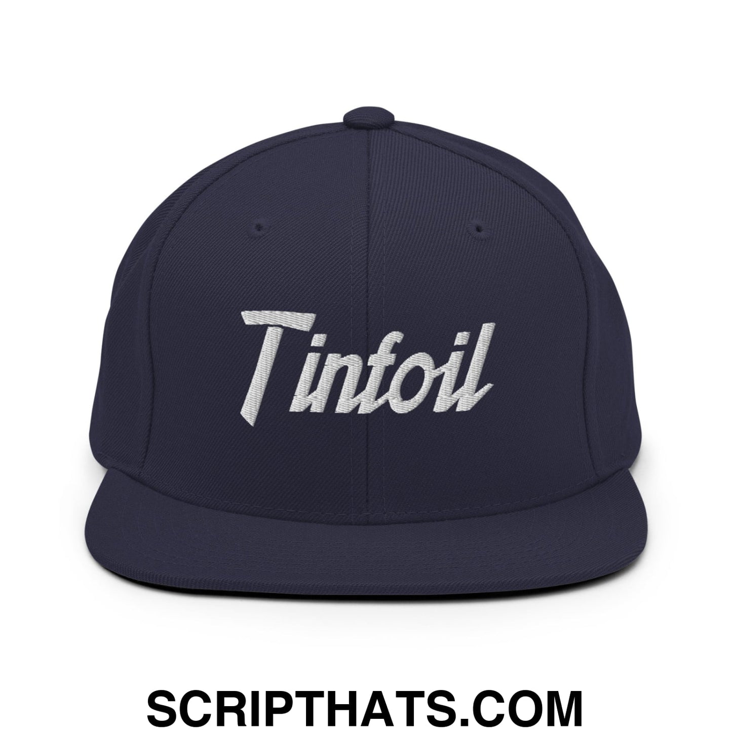 Navy blue snapback hat with white embroidered tinfoil sports script logo and flat bill brim for casual wear