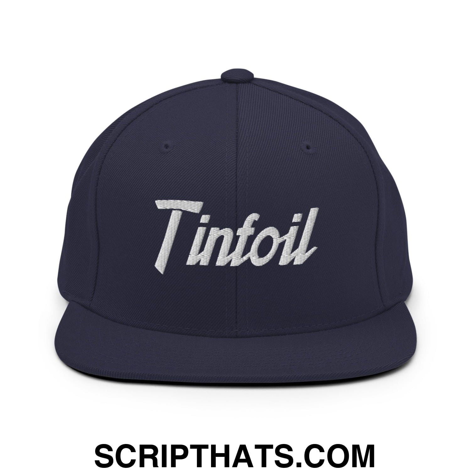 Navy blue snapback hat with white embroidered tinfoil sports script logo and flat bill brim for casual wear
