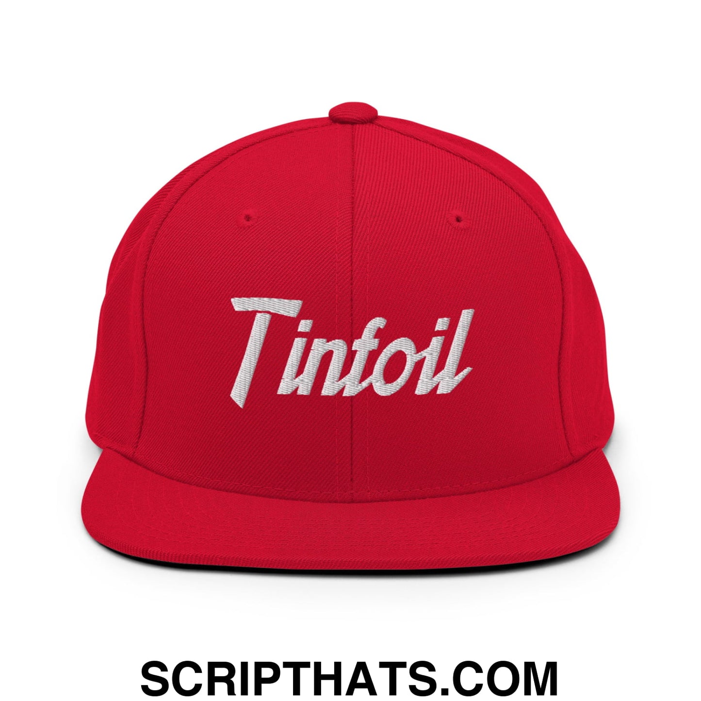 Red snapback cap with white embroidered tinfoil logo and flat bill brim from tinfoil sports script collection