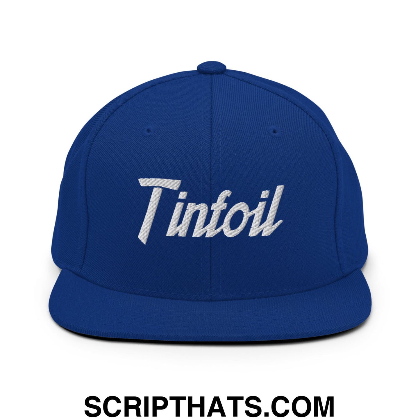 Royal blue snapback hat with white embroidered tinfoil sports script logo and flat bill brim for casual wear