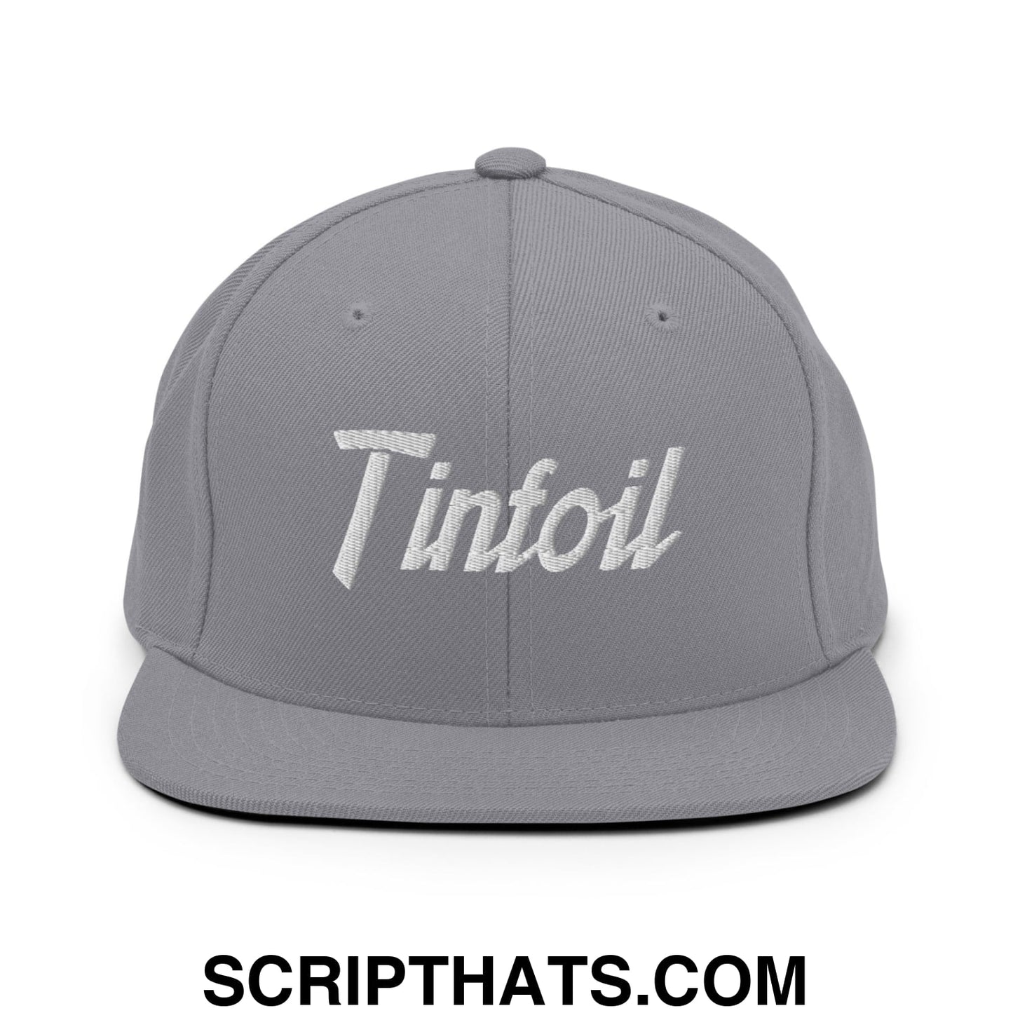 Gray snapback hat with white embroidered tinfoil logo and flat bill brim in a sports script design