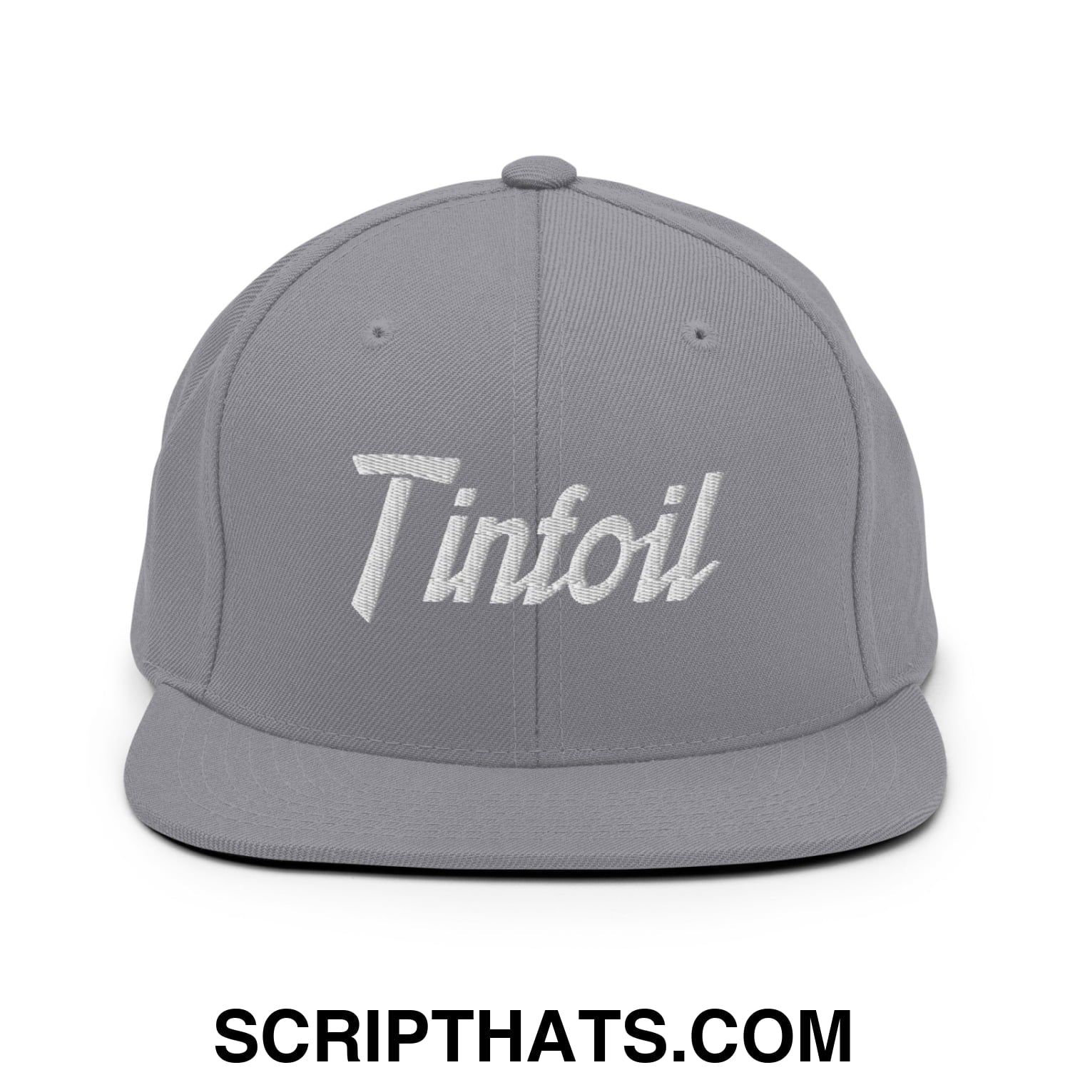Gray snapback hat with white embroidered tinfoil logo and flat bill brim in a sports script design