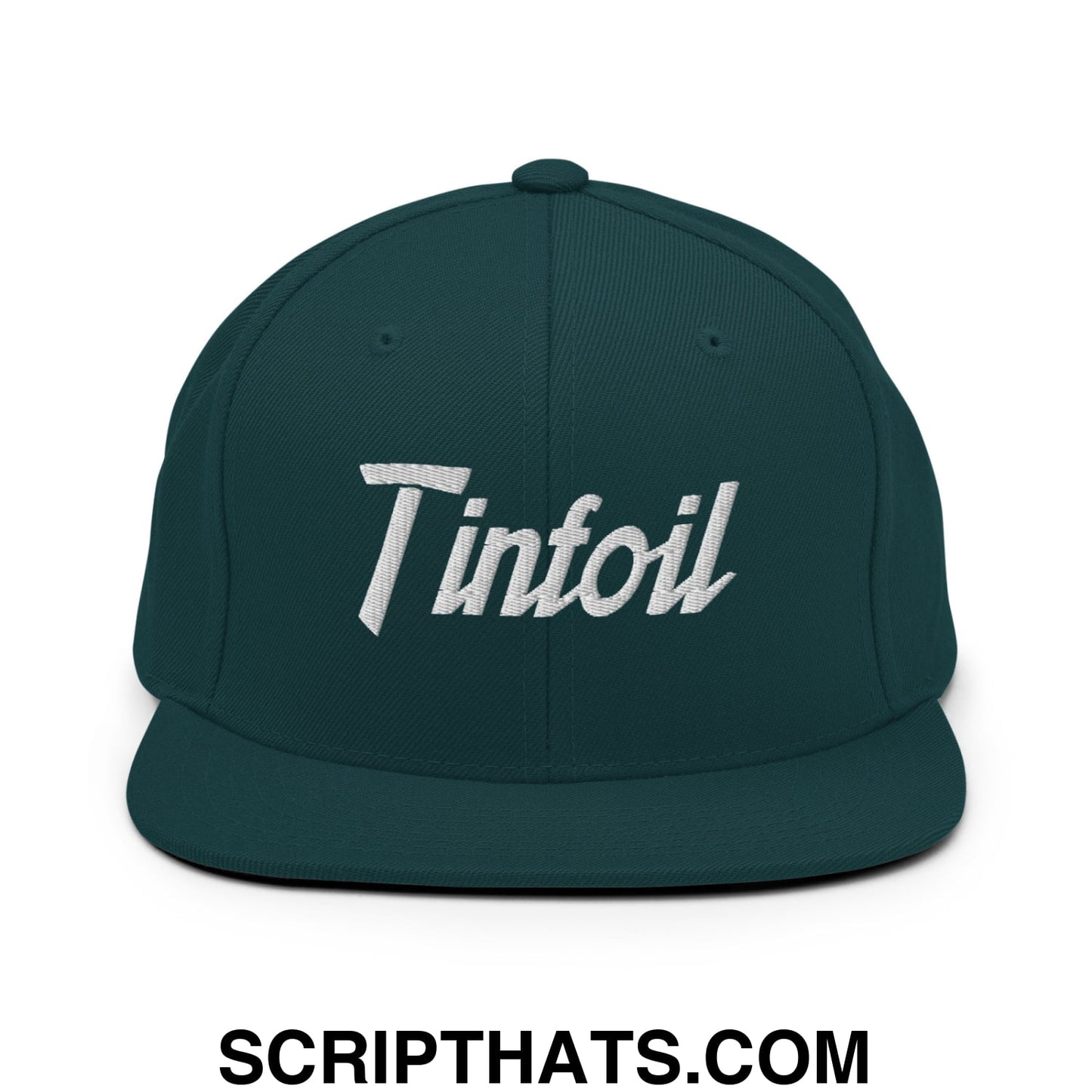 Dark green snapback hat with white embroidered tinfoil script logo and flat bill brim for sports style