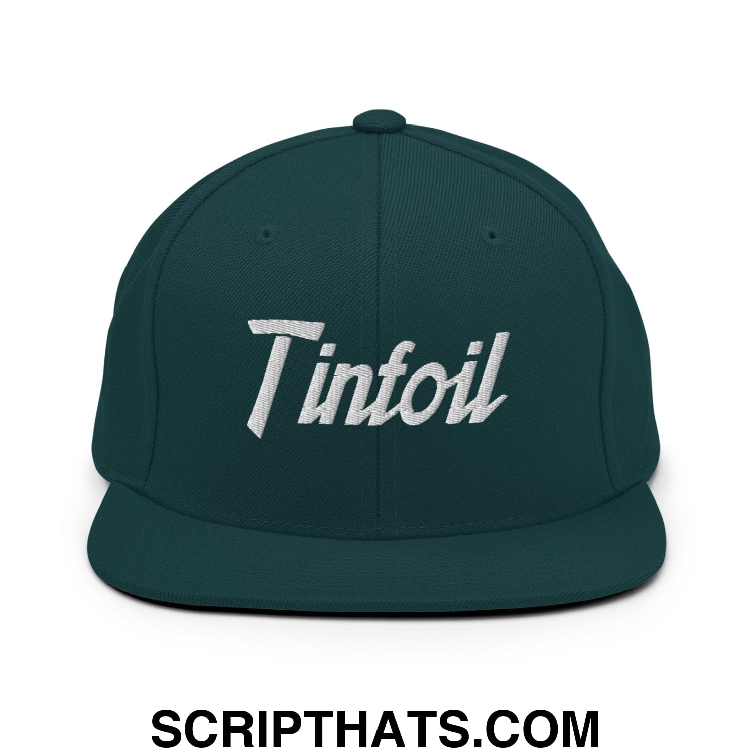 Dark green snapback hat with white embroidered tinfoil script logo and flat bill brim for sports style