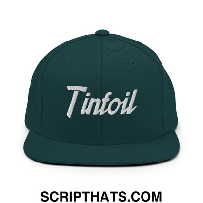 Dark green snapback hat with white embroidered tinfoil script logo and flat bill brim for sports style