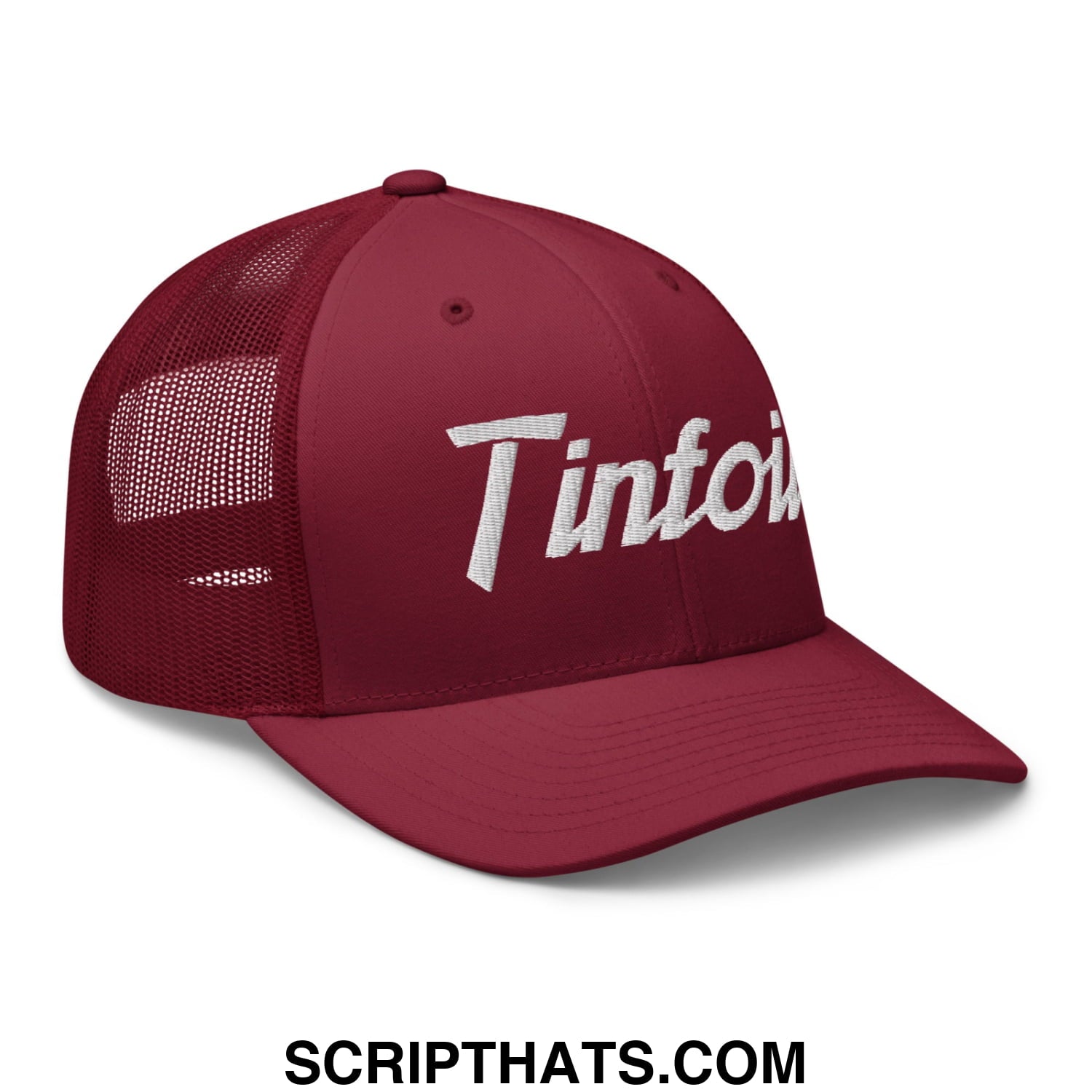 Maroon tinfoil sports script embroidered mesh trucker hat with white tinto logo front and breathable back mesh panel
