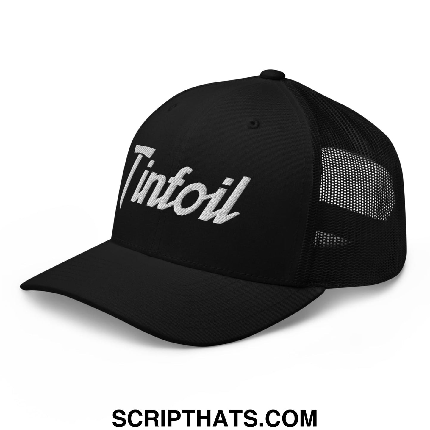 Black mesh trucker hat with white tinfoil embroidered sports script on the front panel