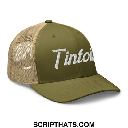 Olive green and tan mesh trucker hat with white embroidered tintoi logo tinfoil sports script style