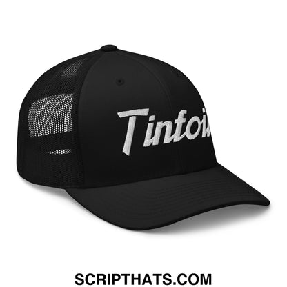 Black mesh trucker hat with white embroidered tintoi logo featuring tinfoil sports script design