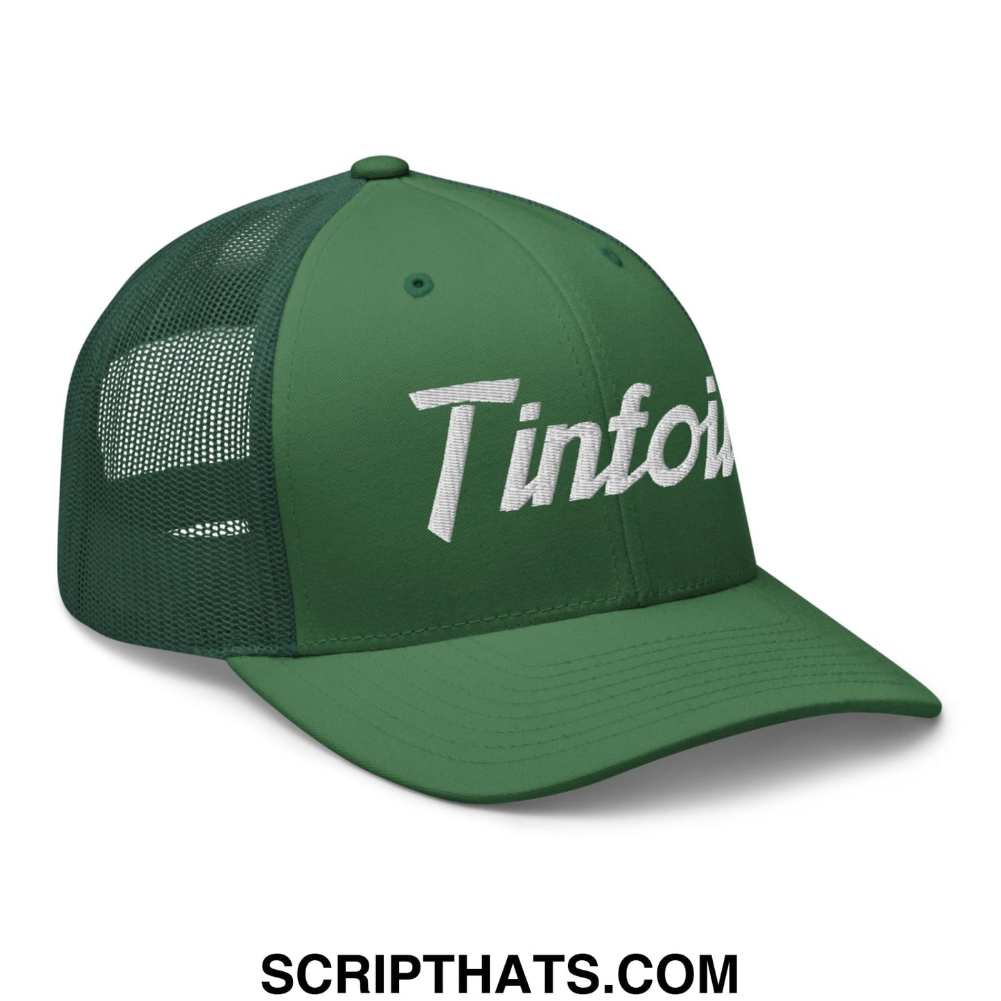 Green mesh trucker hat with white embroidered tintoi logo on front panel for casual sportswear use