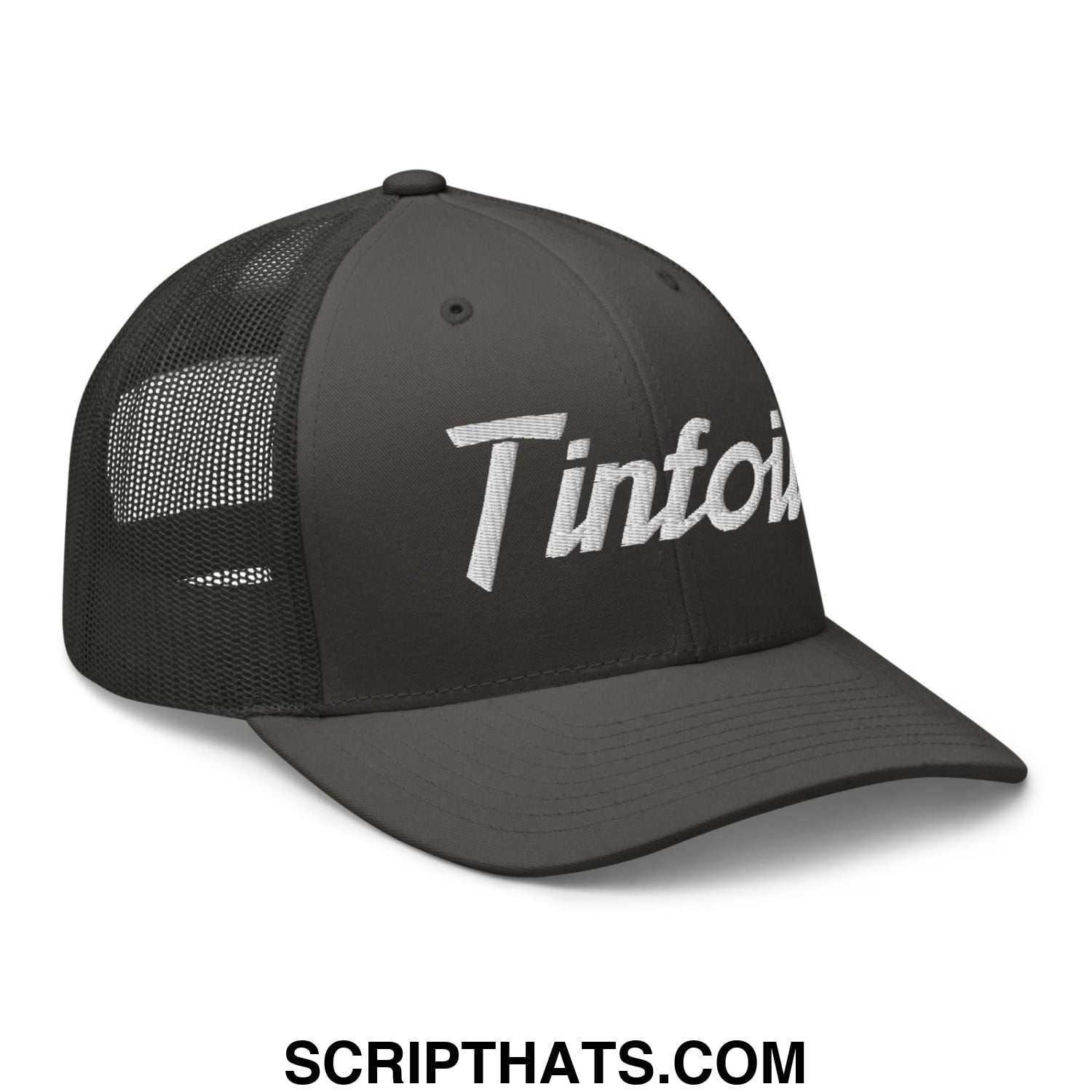Black mesh trucker hat with white embroidered tinto logo front features in tinfoil sports script design