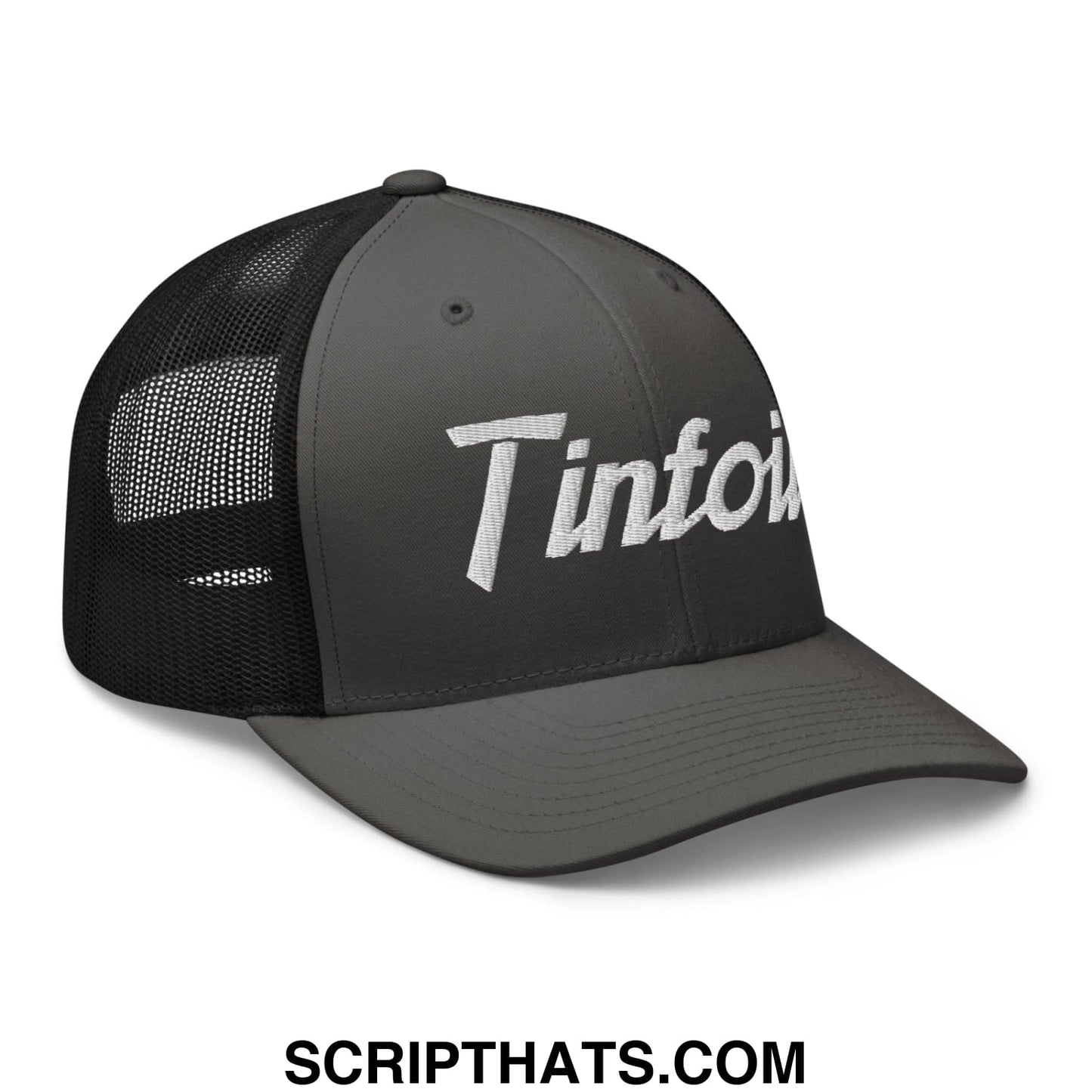 Dark gray tinfoil sports script embroidered mesh trucker hat with black mesh back and white tinto logo
