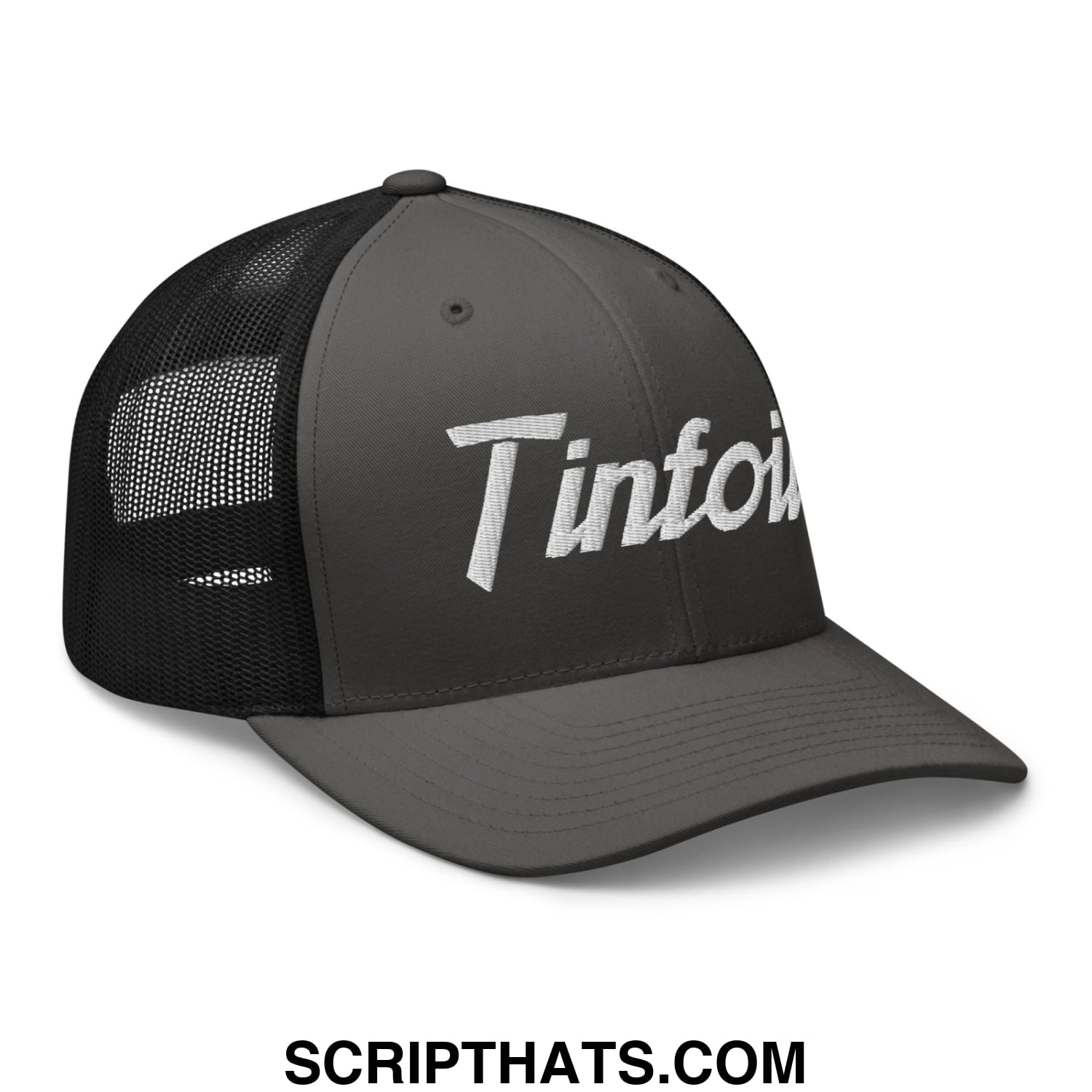 Dark gray tinfoil sports script embroidered mesh trucker hat with black mesh back and white tinto logo