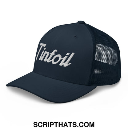 Navy blue mesh trucker hat with white tinfoil sports script embroidered logo on front panel