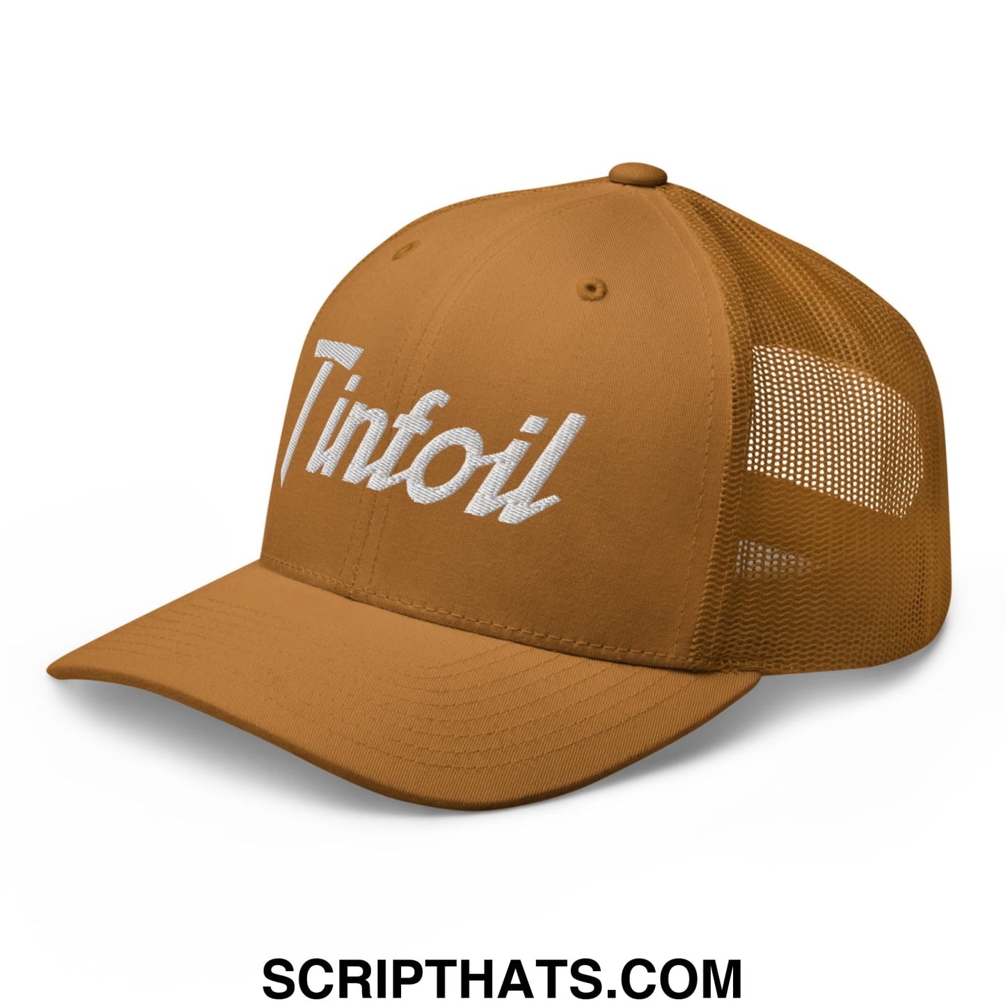 Tan mesh trucker hat with white embroidered tinfoil sports script on front panel for casual wear