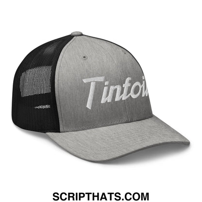 Gray and black mesh trucker hat with white embroidered tinto logo from tinfoil sports script collection