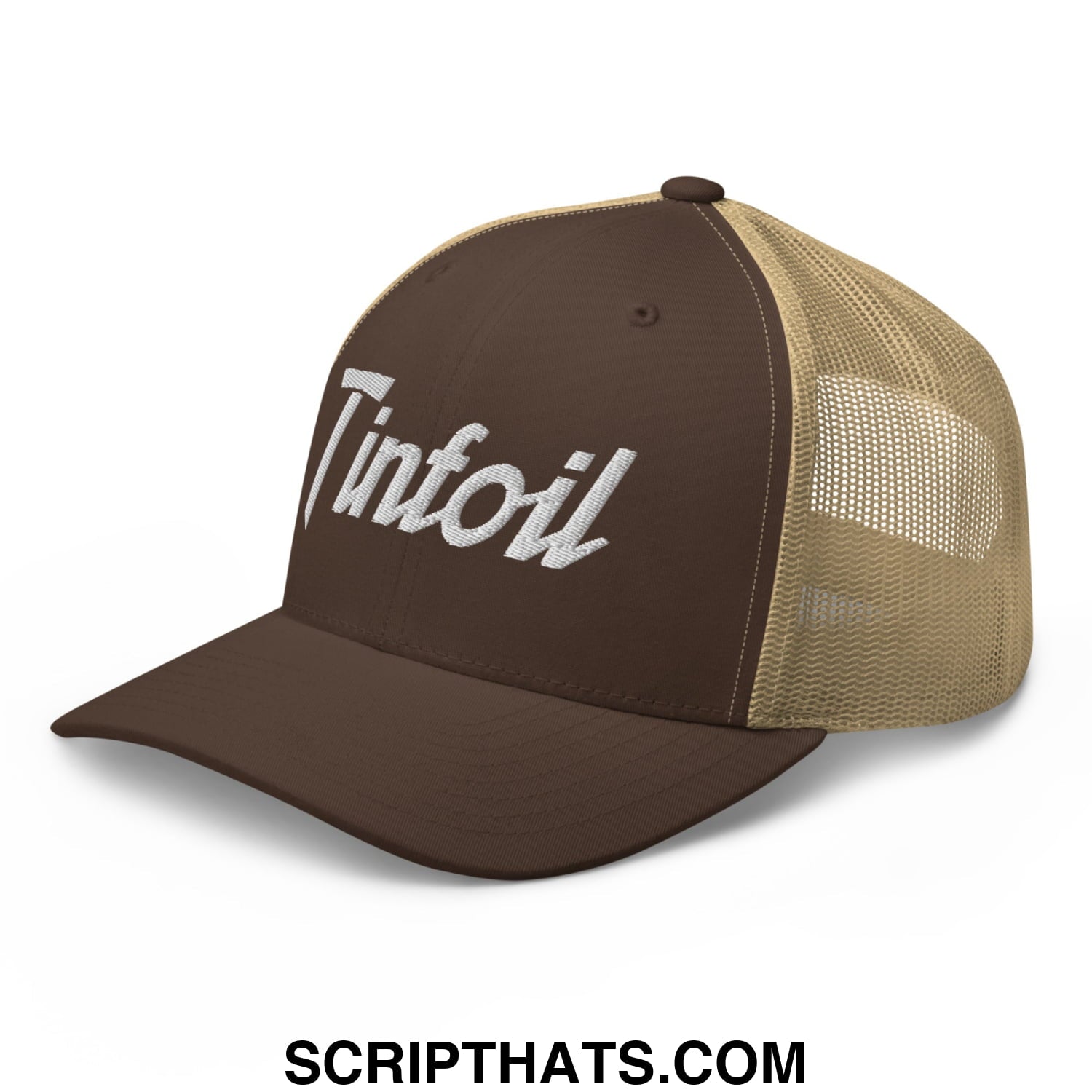 Brown and tan mesh trucker hat with tinfoil embroidered in white script on front for sports style