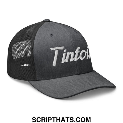 Black tinfoil sports script embroidered mesh trucker hat with white logo and breathable mesh back panel view