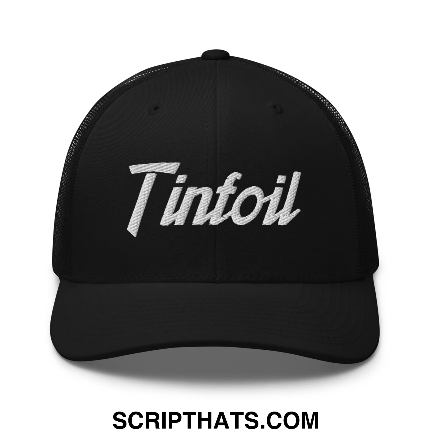 Black mesh trucker hat with white embroidered tintoil logo featuring sports script design