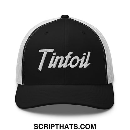 Black and white mesh trucker hat with tintoil embroidered in silver script on the front from tinfoil sports series