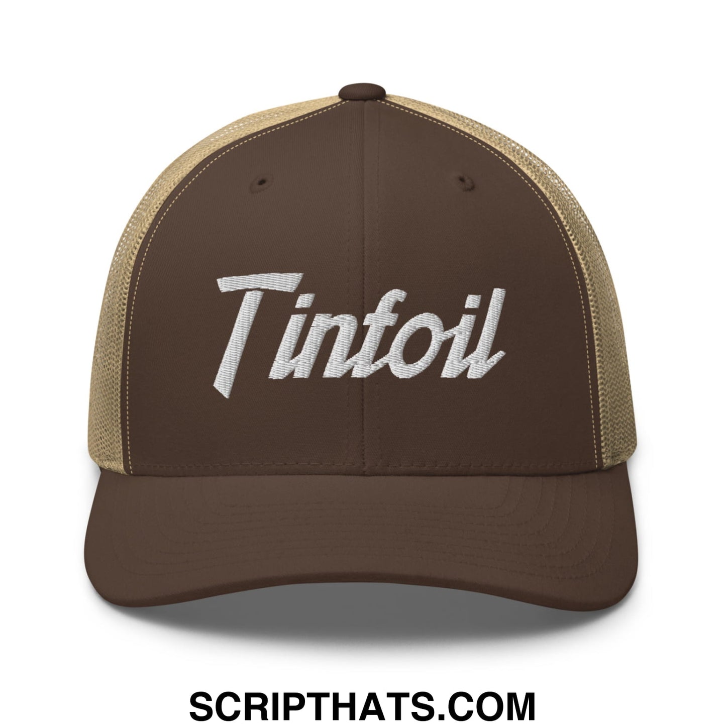 Brown and tan mesh trucker hat with white embroidered tinfoil sports script logo front panel