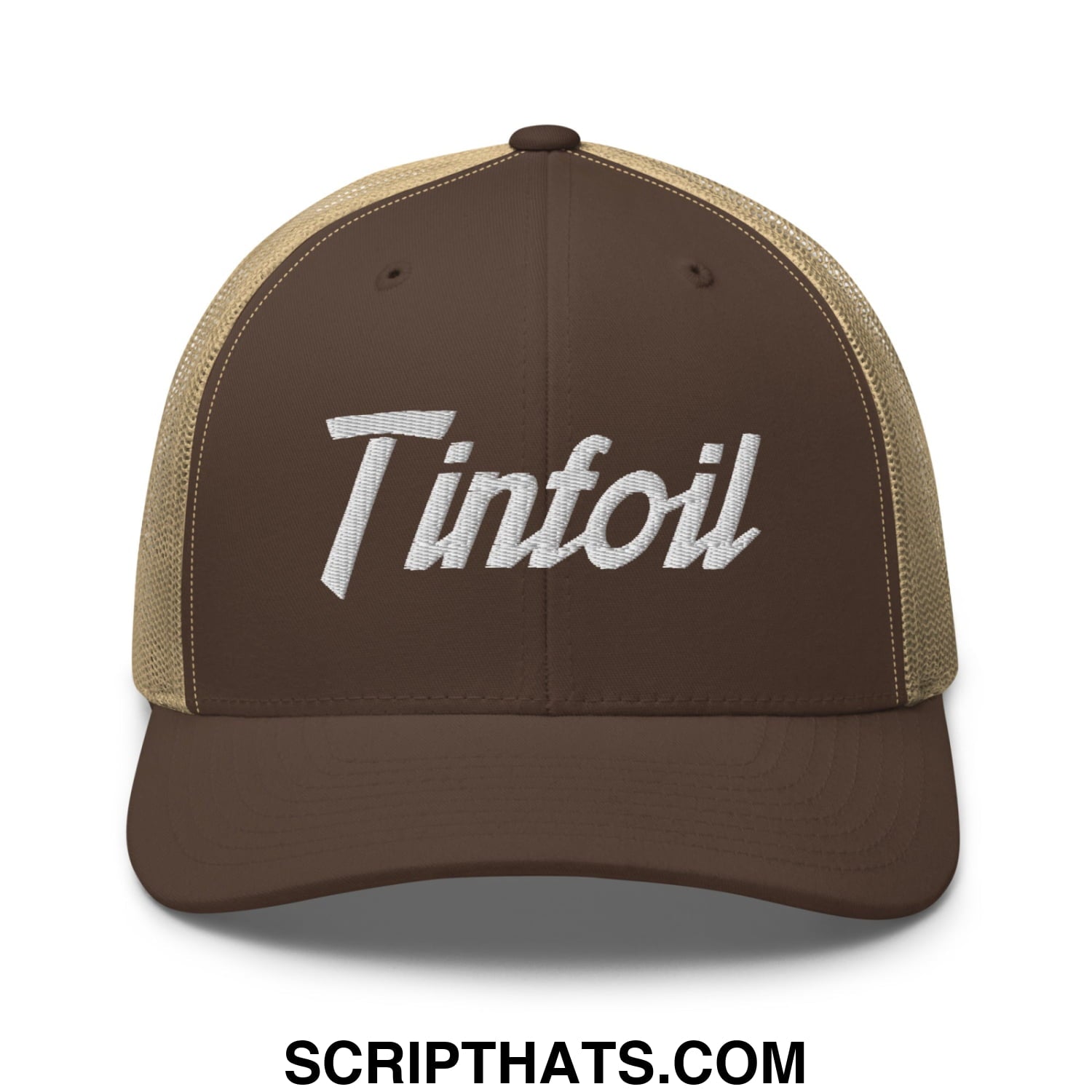 Brown and tan mesh trucker hat with white embroidered tinfoil sports script logo front panel