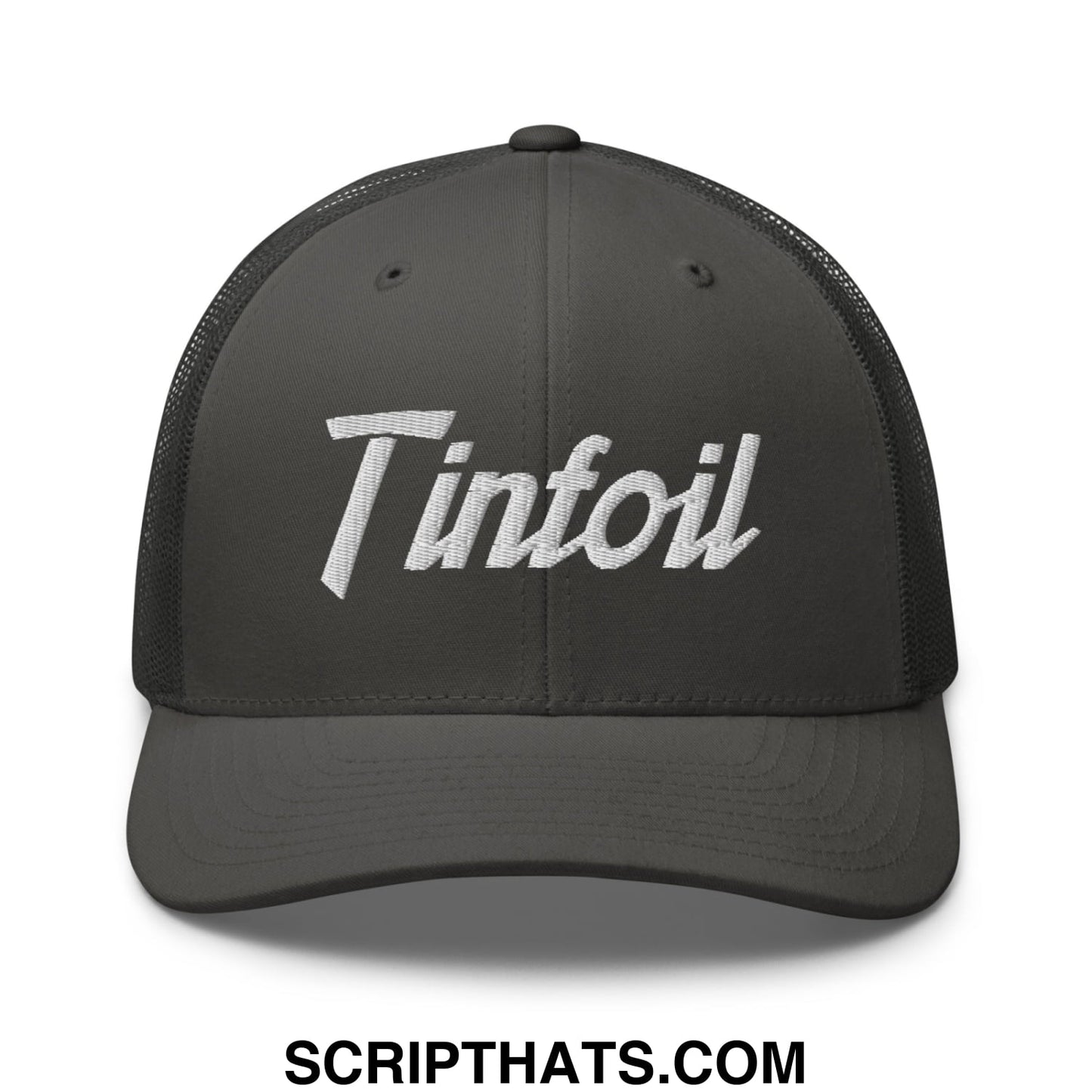 Dark gray mesh trucker hat with white embroidered tintoil logo in tinfoil sports script design