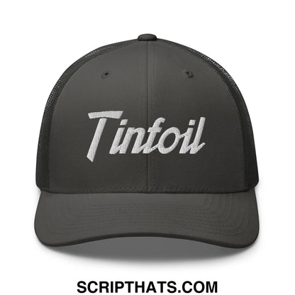 Dark gray mesh trucker hat with white embroidered tintoil logo in tinfoil sports script design
