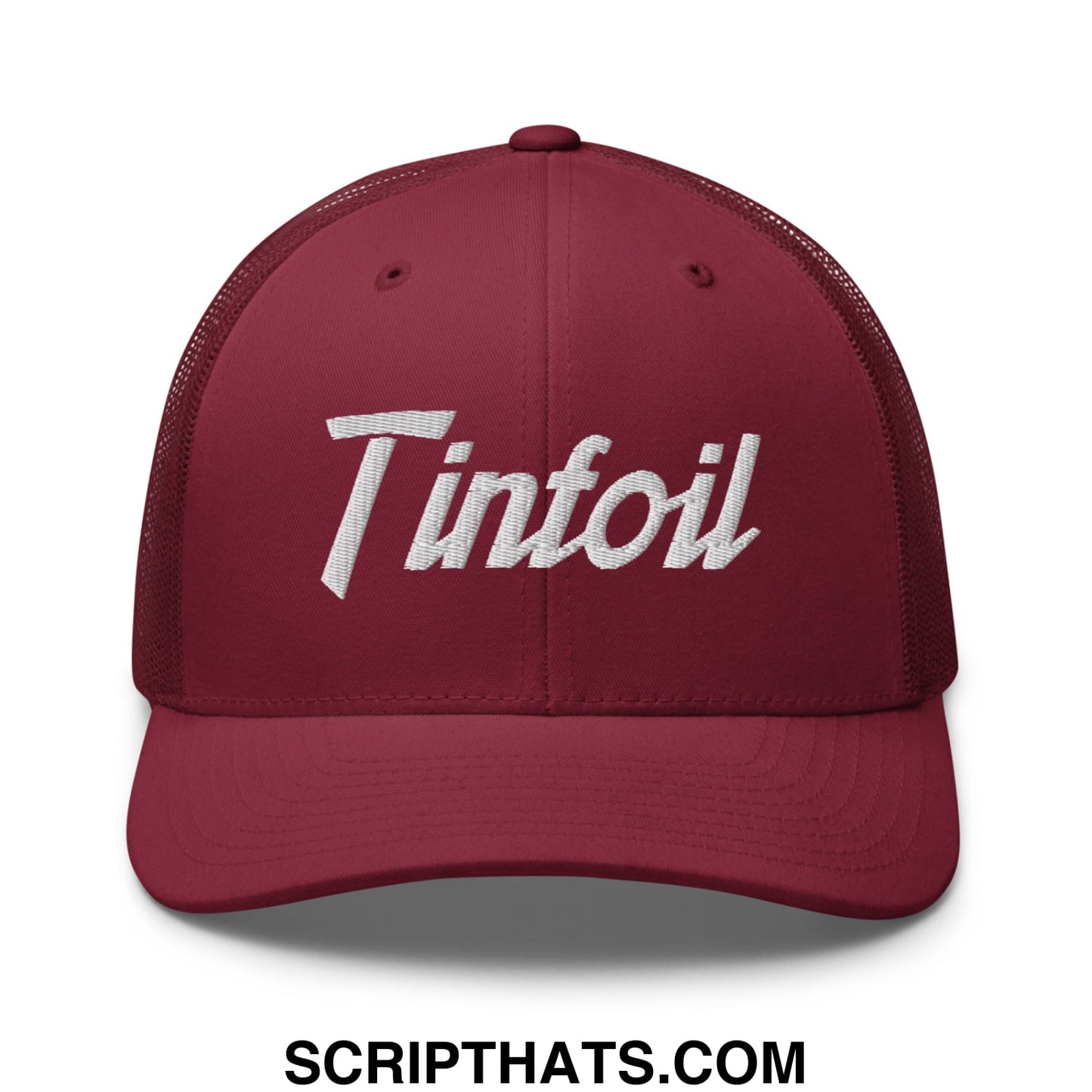Maroon mesh trucker hat with white embroidered tintoil logo from tinfoil sports script collection