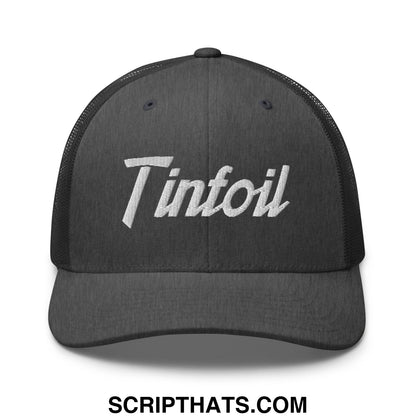 Black mesh trucker hat with white embroidered tintoil logo featuring tinfoil sports script design