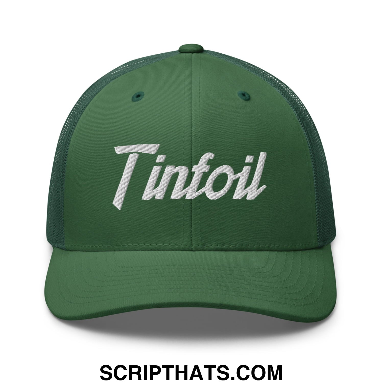 Dark green mesh trucker hat with white embroidered tintfoil sports script logo for casual wear