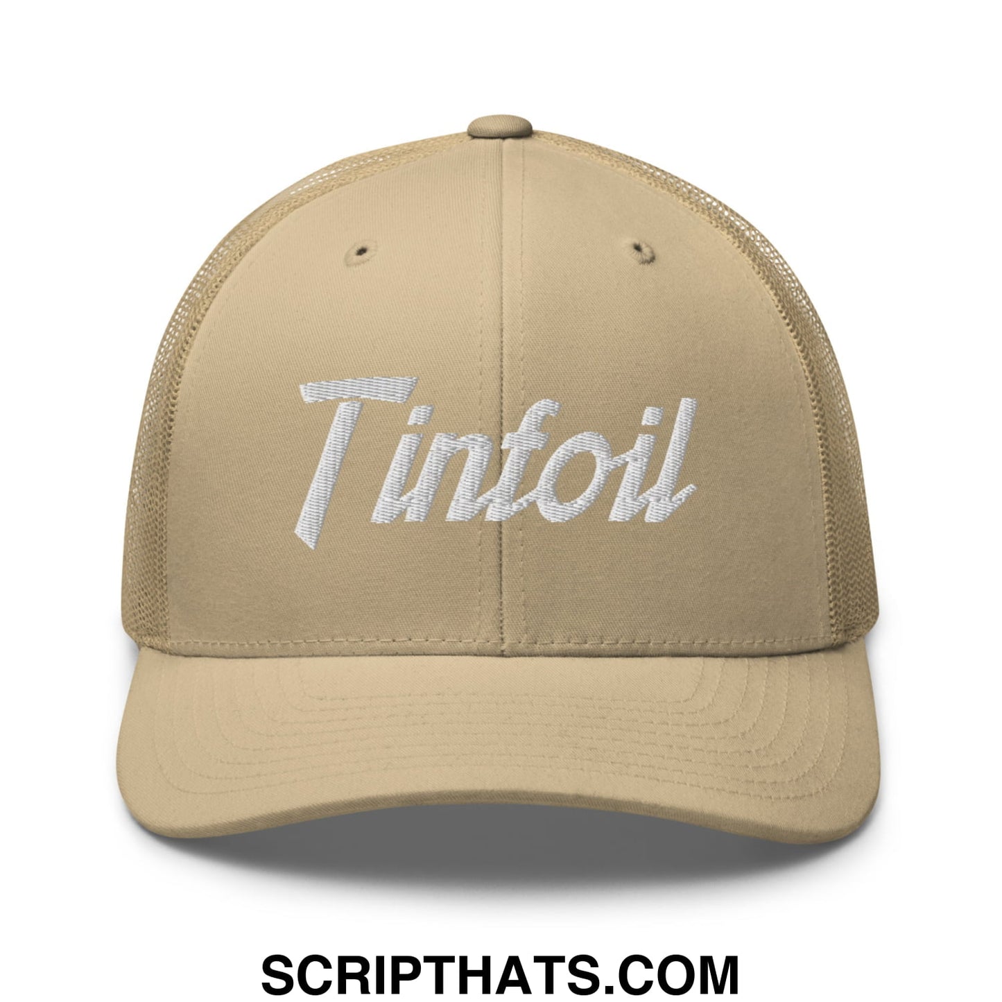 Beige mesh trucker hat with white embroidered tinfoil script across the front for a sporty casual look