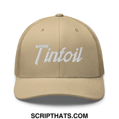 Beige mesh trucker hat with white embroidered tinfoil script across the front for a sporty casual look