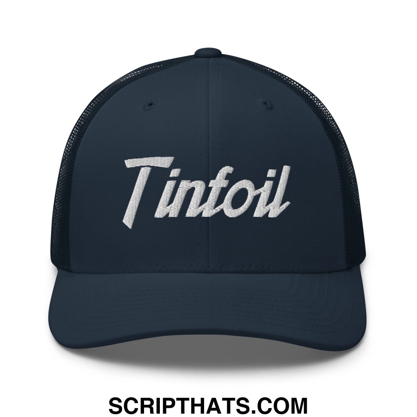 Dark navy mesh trucker hat with white embroidered tintoil logo from tinfoil sports script collection