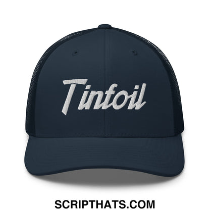 Dark navy mesh trucker hat with white embroidered tintoil logo from tinfoil sports script collection