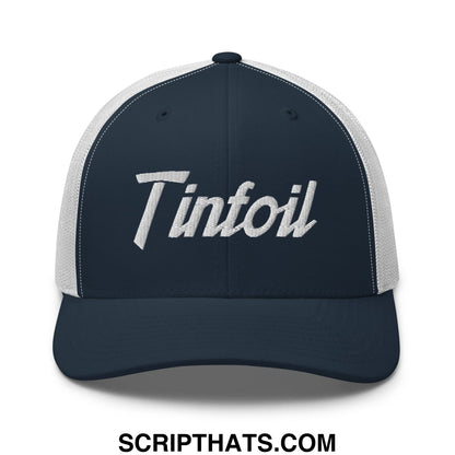 Dark navy tinfoil sports script trucker hat with white embroidered logo and breathable mesh back panel