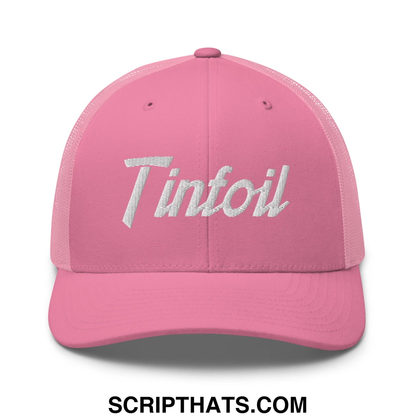 Pink mesh trucker hat with white embroidered tinfoil logo from tinfoil sports script collection