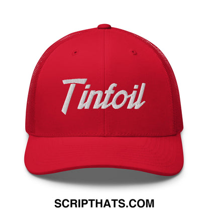 Red mesh trucker hat with white embroidered tintfoil sports script logo on front panel