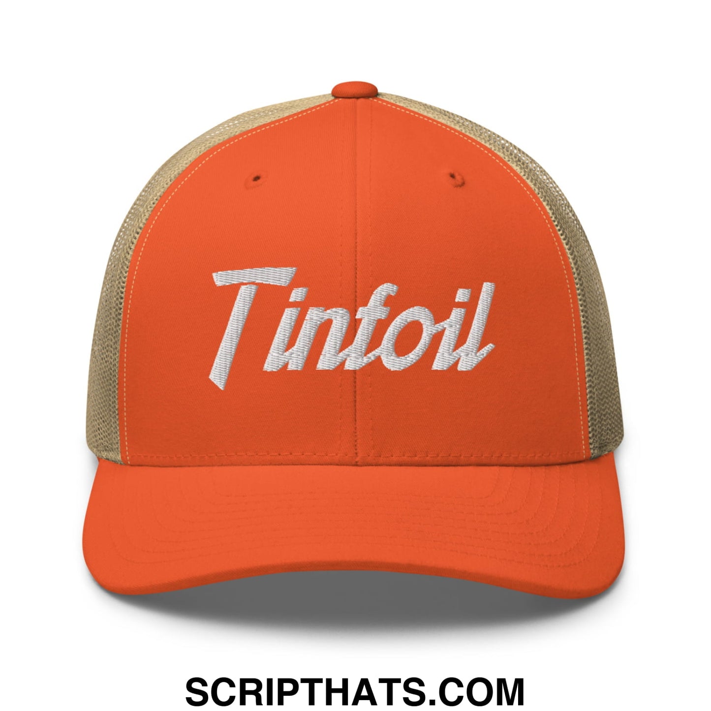 Orange and tan mesh trucker hat with white embroidered tinfoil sports script logo on front