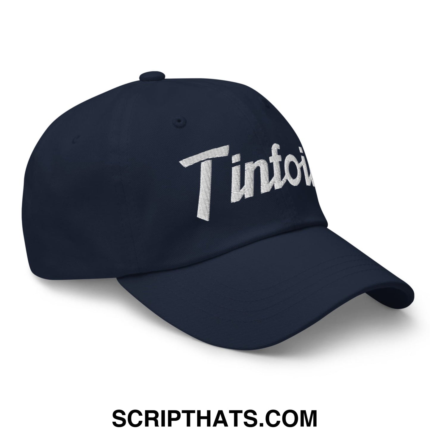 Navy blue unstructured dad hat featuring white embroidered tintoi script logo ideal for casual sportswear